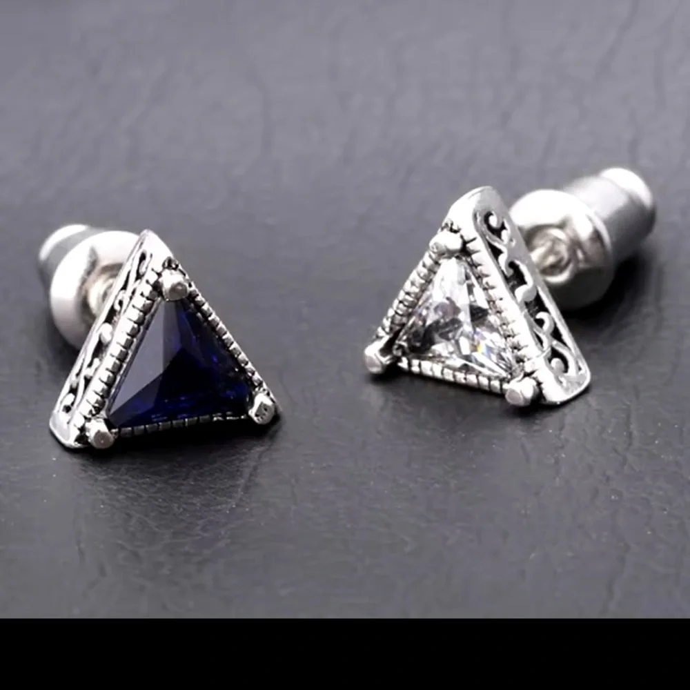 NEW Unisex Triangle Simulated‎ Diamond 925 Silver Stud Earrings